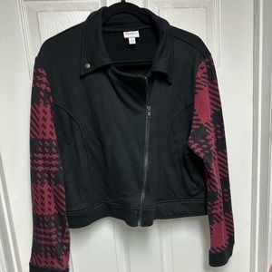 LuLaRoe Presley Moto Jacket XL black and red geometric sleeves